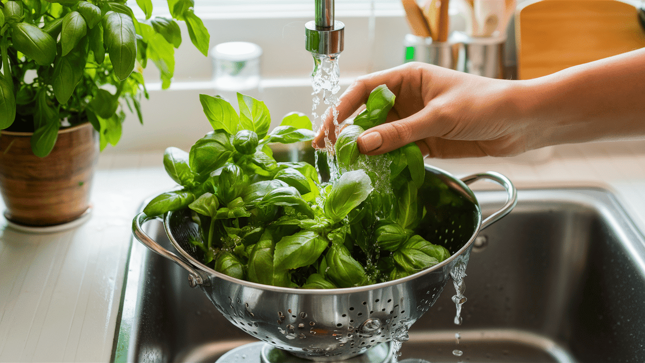Step_1_Rinse_and_Dry_the_Basil_Flowers_and_Leaves