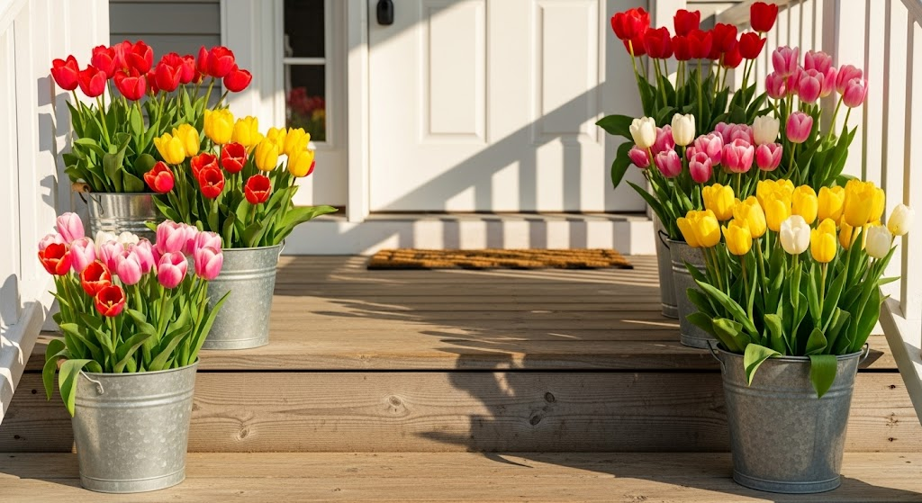 Bright Tulips in Buckets