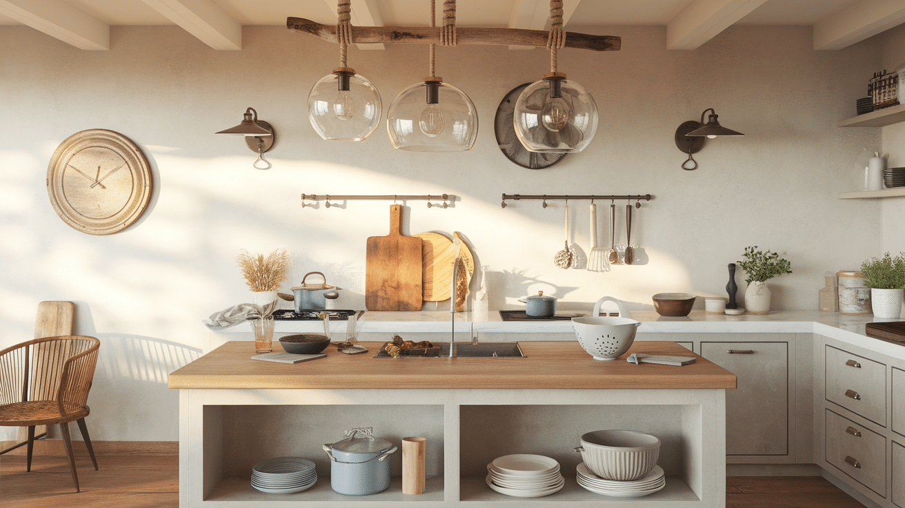 Coastal Pendant Lighting Above the Island