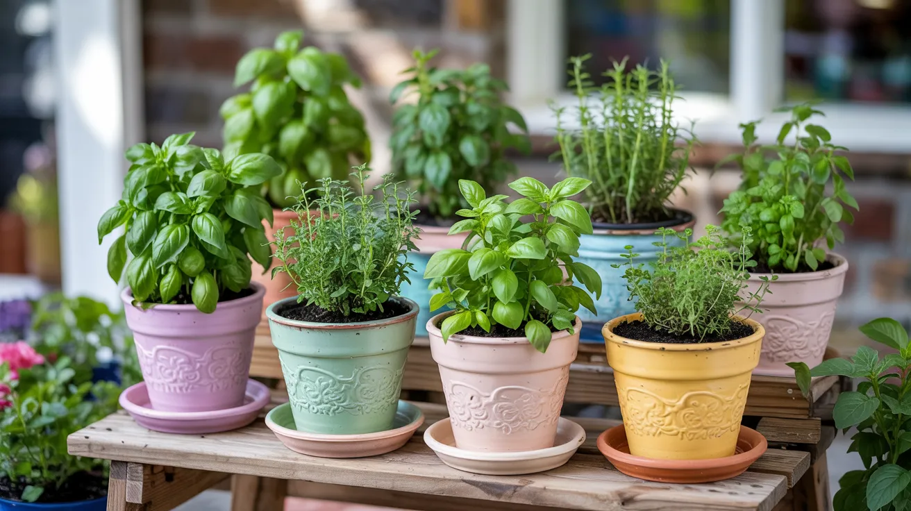 Colorful Clay Pots with Herbs