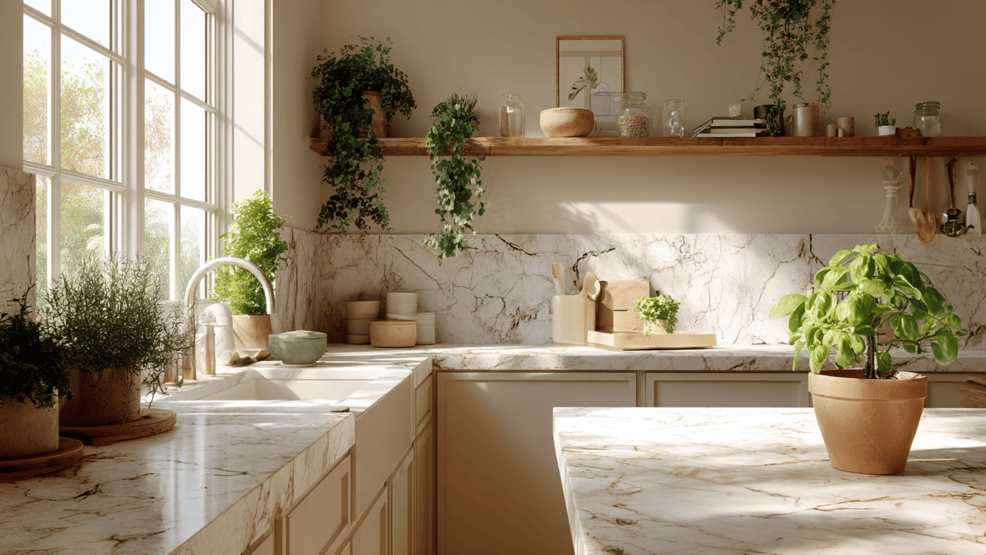 Fresh Marble Kitchen Decor with Houseplants