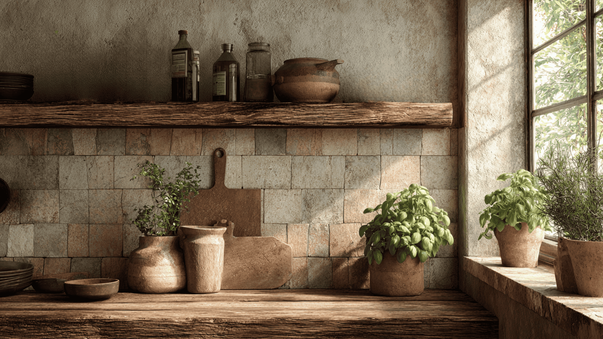 Kitchen with Open Shelves and Copper Pots