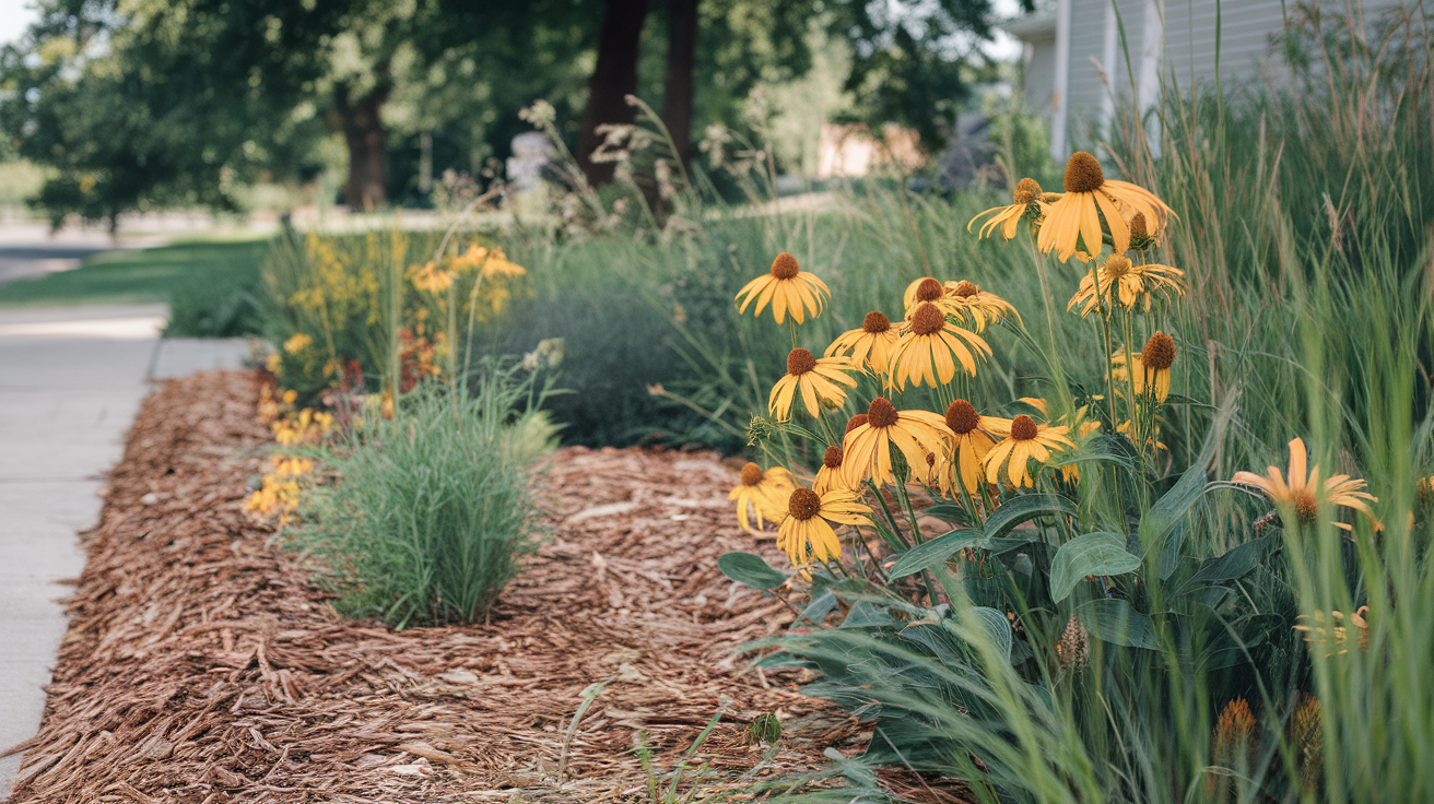 Mulched Flower Beds with Native Plants