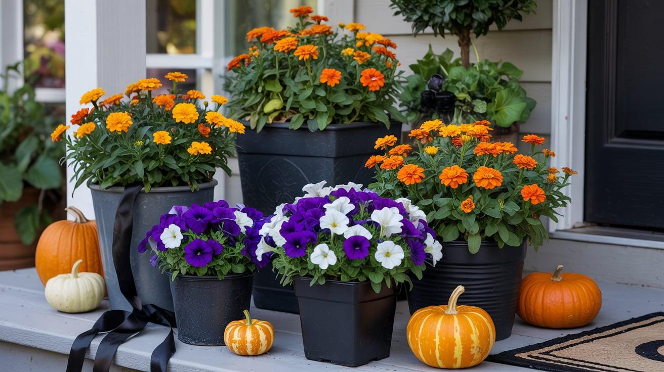 Orange and Purple Flowers in Black Pots