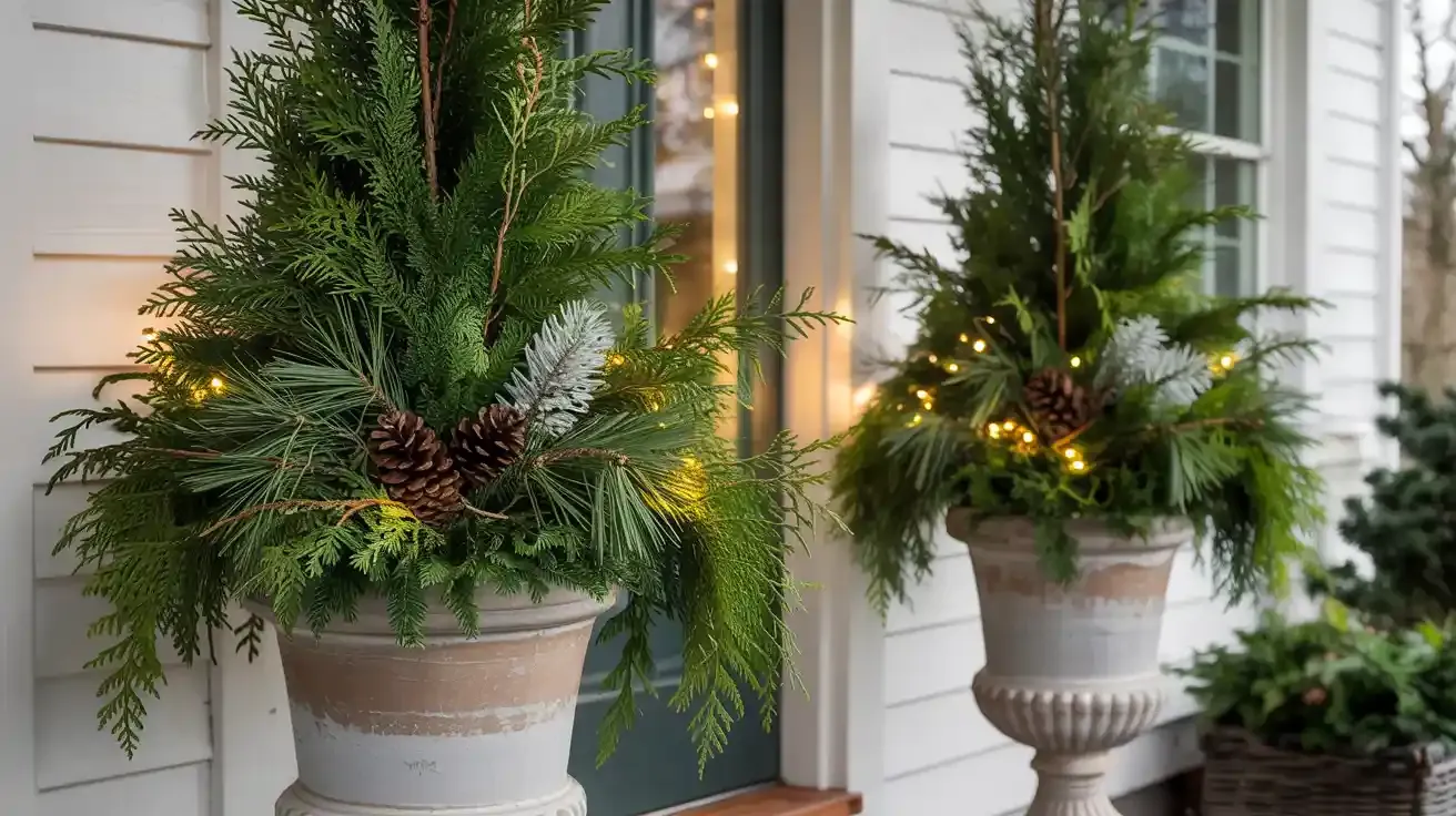 Pine and Cedar Branches in Tall Containers