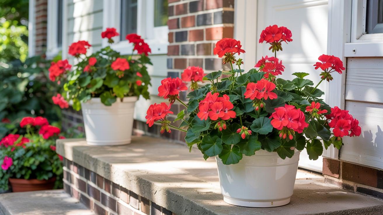 Red Geraniums in White Planters