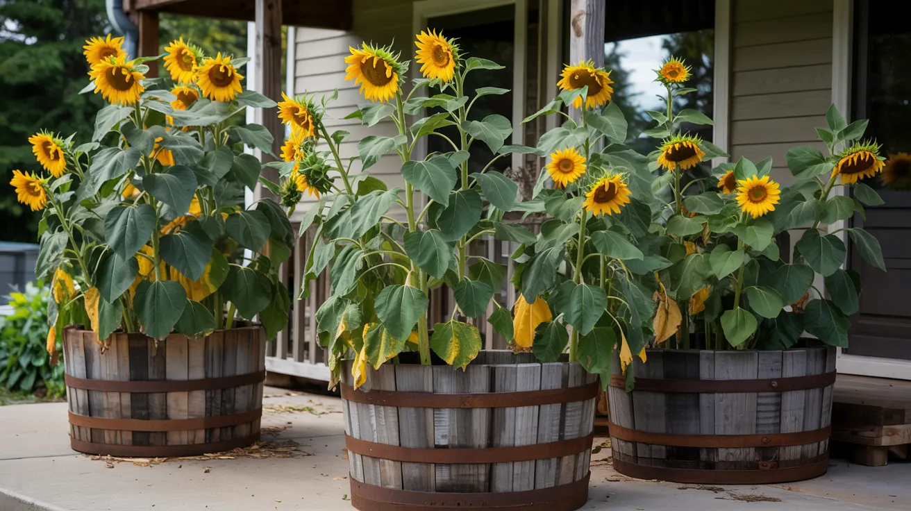 Sunflowers in Tall Barrels