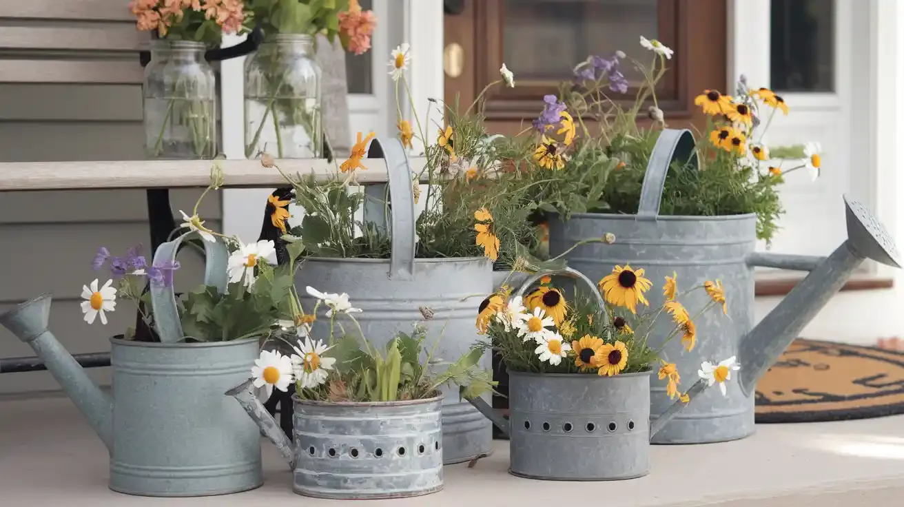 Watering Cans with Wildflowers