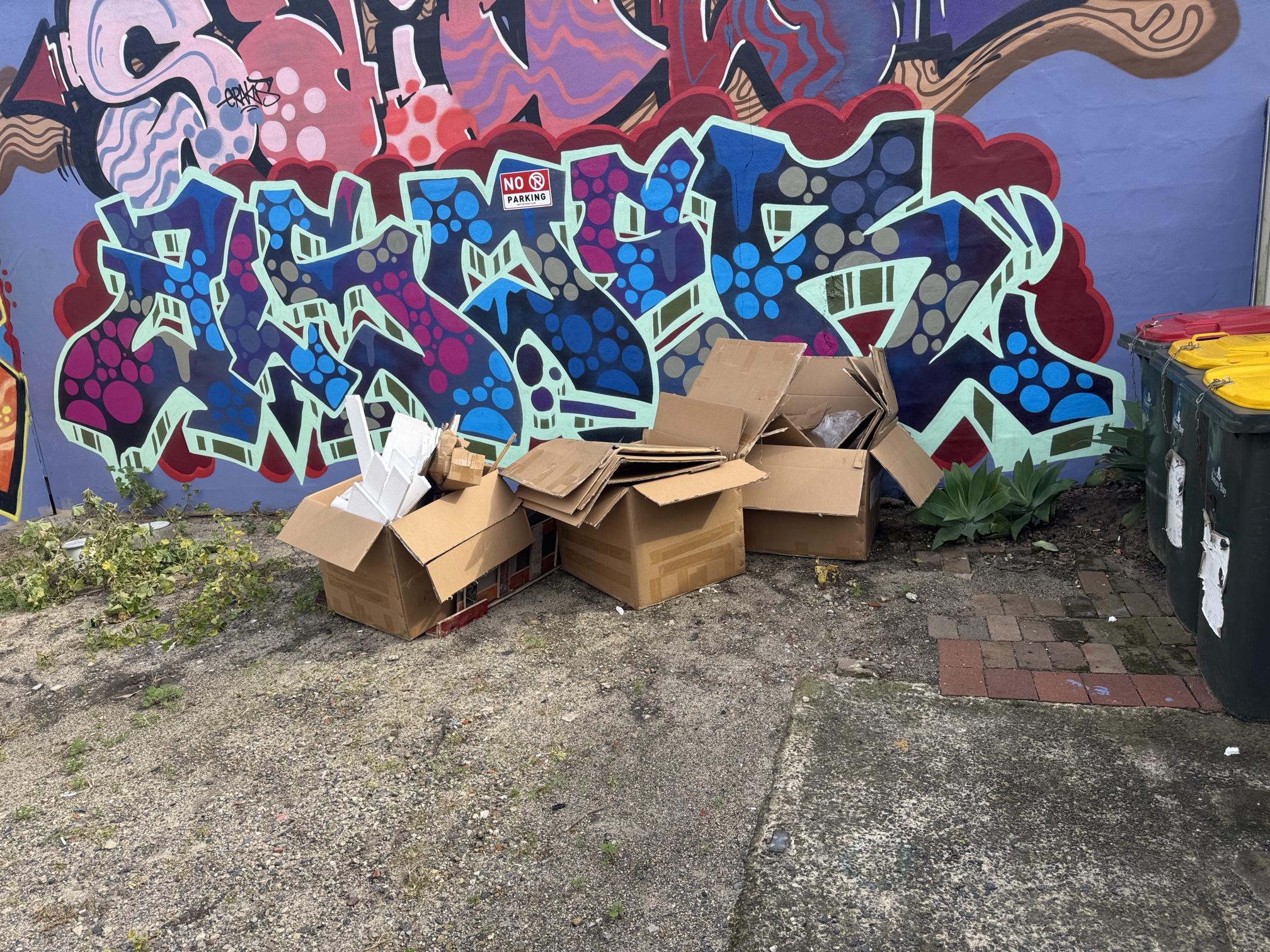Cardboard boxes scattered in front of a colorful graffiti wall.