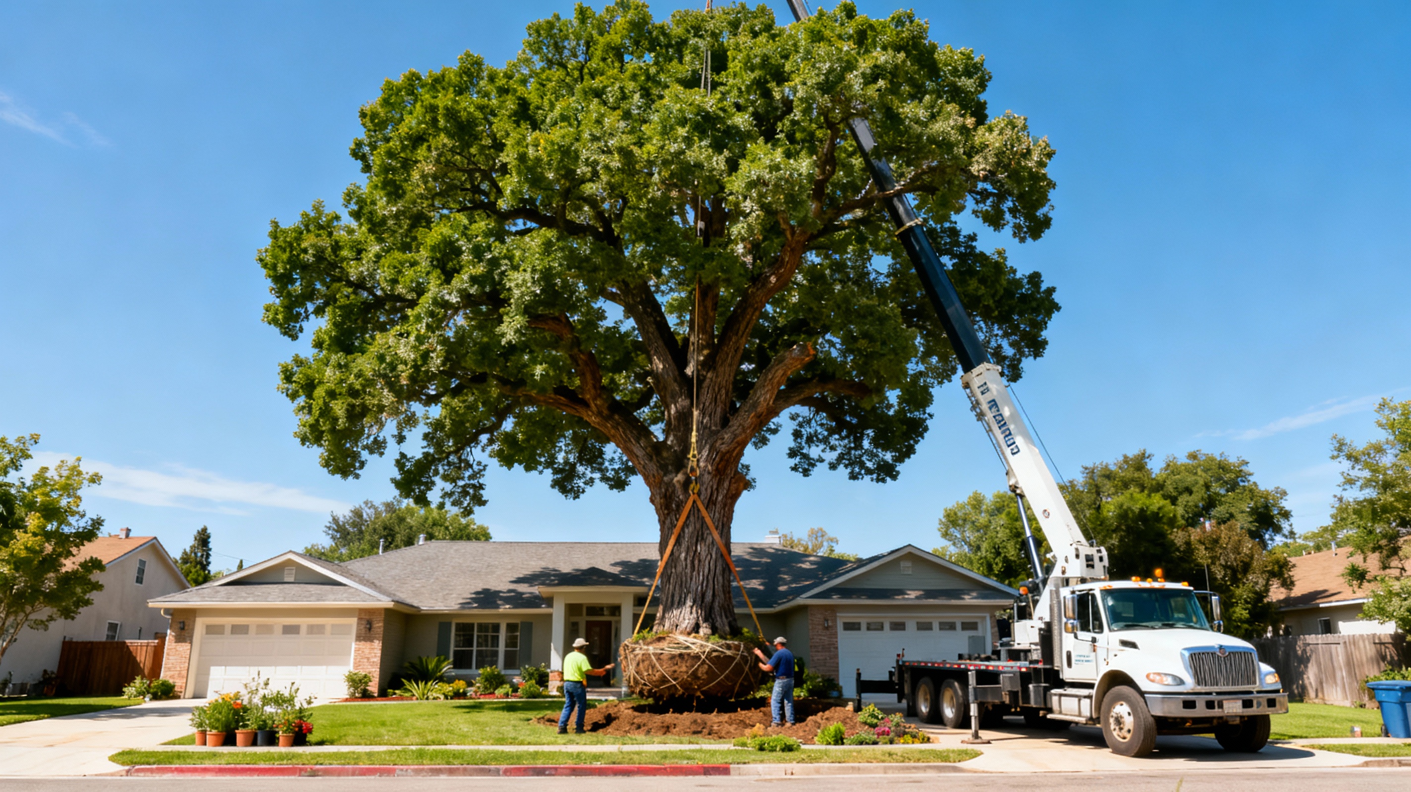 Crane lifting a mature tree over a house during installation