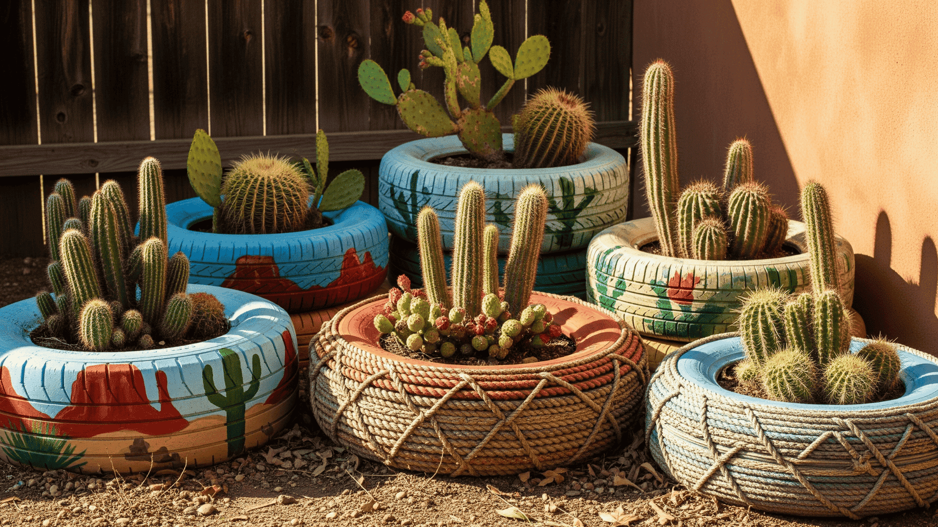 Tire planters for cactus displays