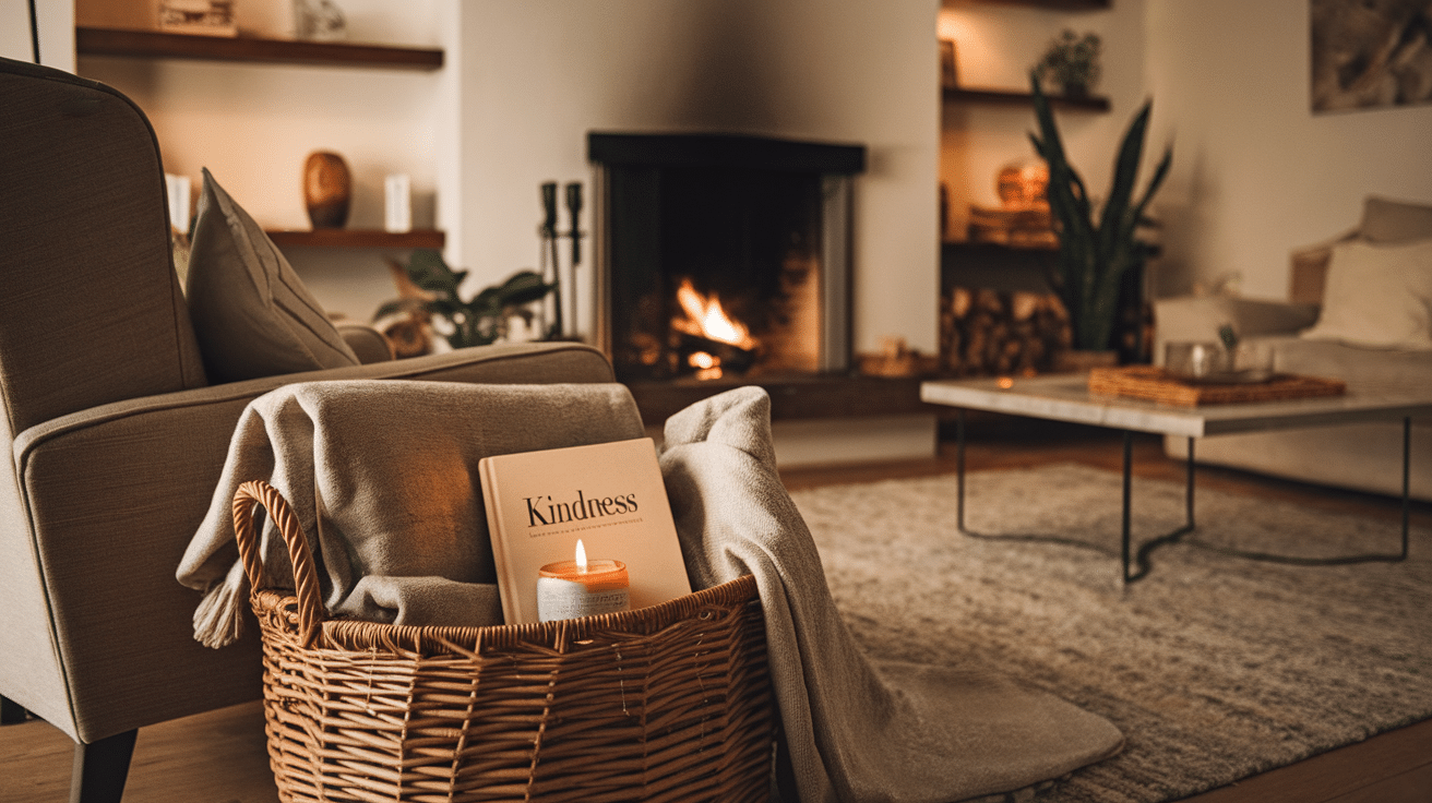 a cozy living room with a fireplace ther