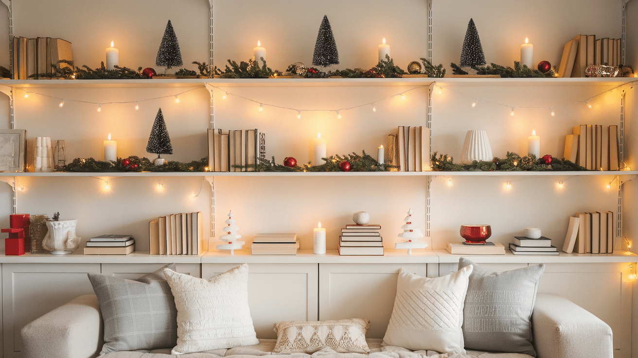 Christmas Shelving Decor with Mini Trees
