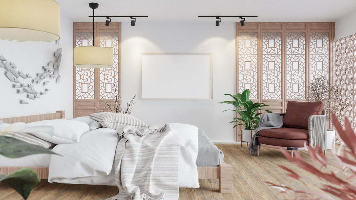 3D illustration mockup frame in japanese style bedroom
