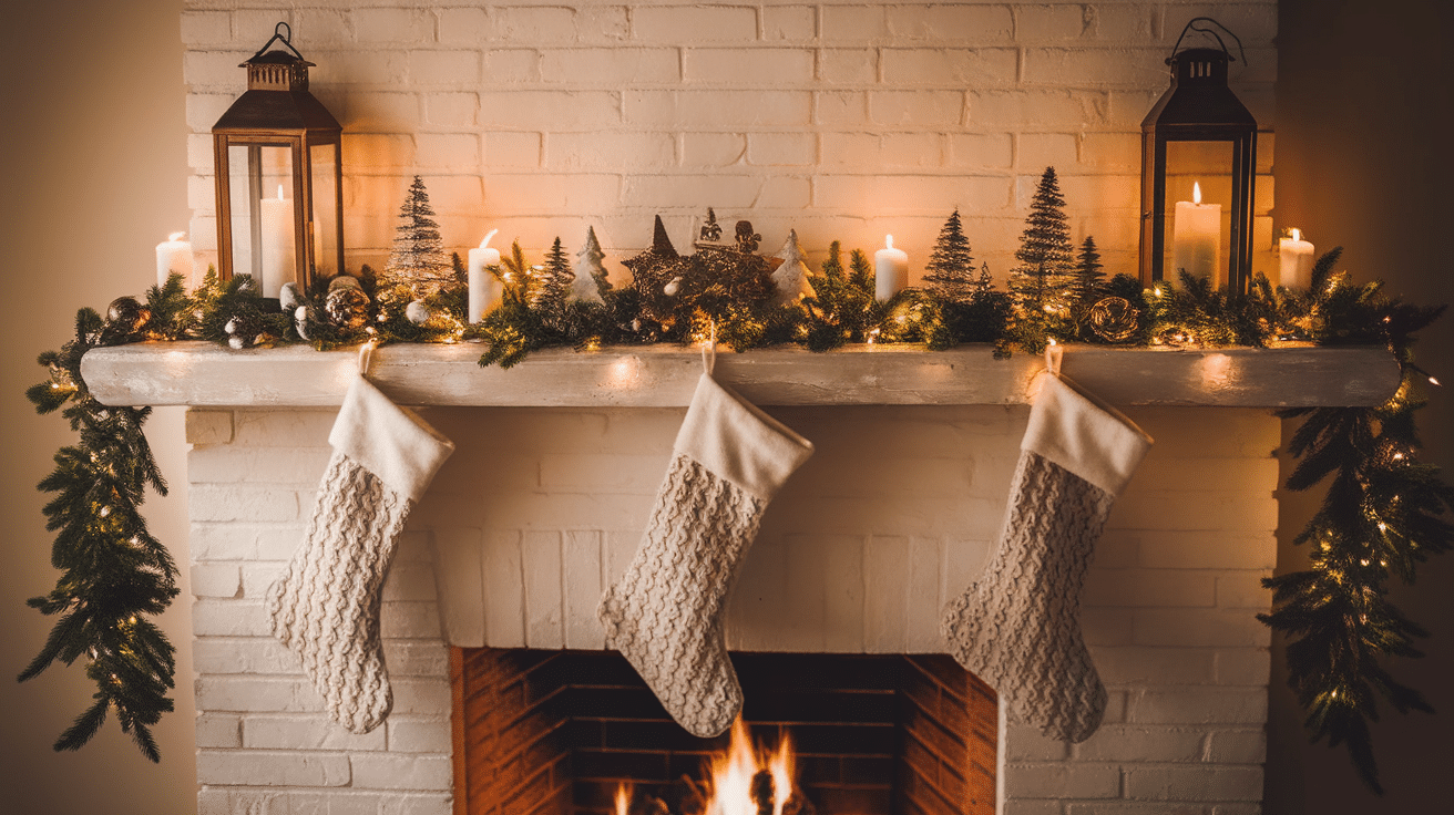 Fireplace Mantel Decor with Garlands and Stockings