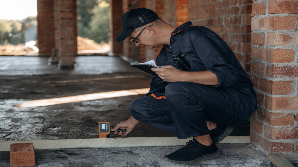 Checking if the level is right. Builder is working on construction site, unfinished building