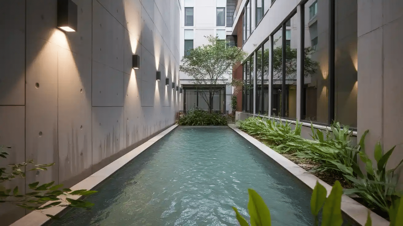 modern pool design built for narrow courtyard space