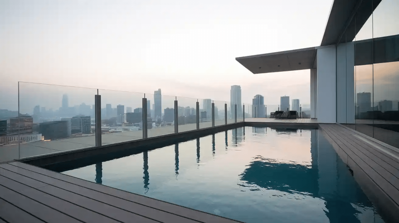 modern pool design built on a rooftop with a view