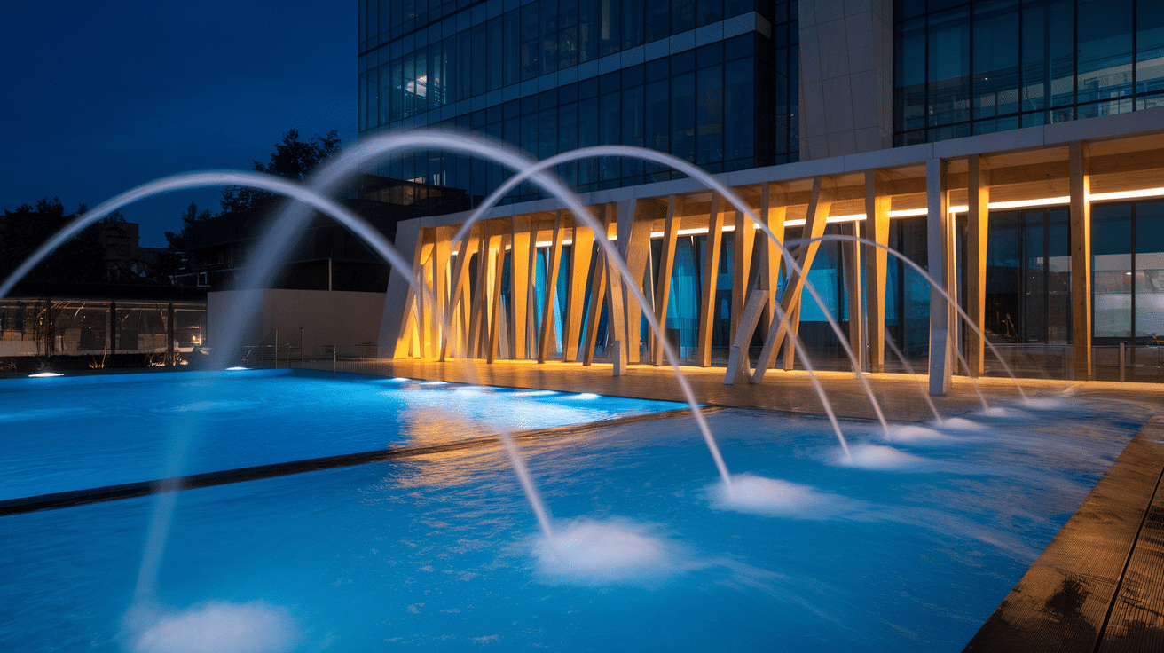 modern pool design featuring fun deck water jets