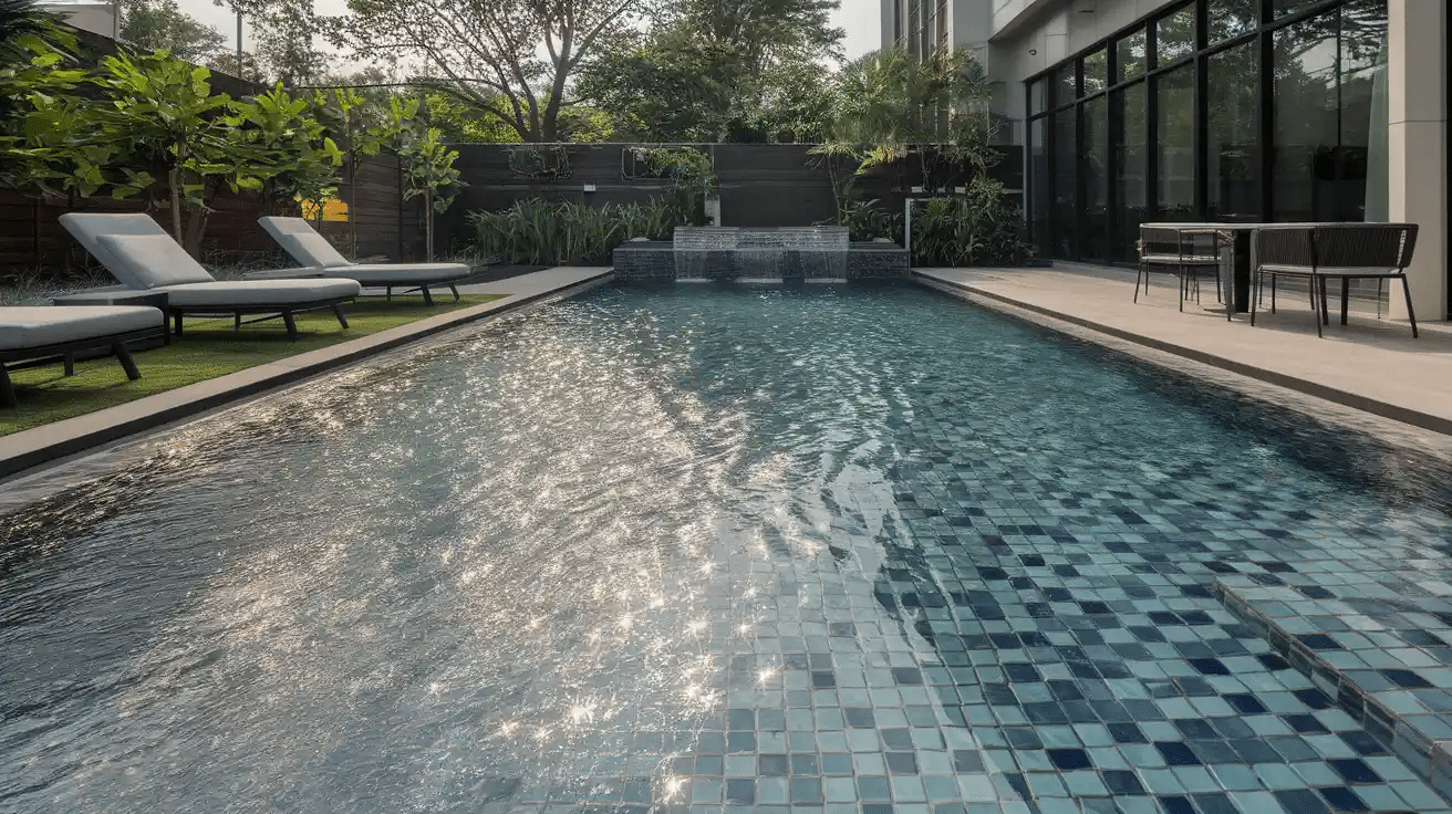 modern pool design using glass tile finish for shine