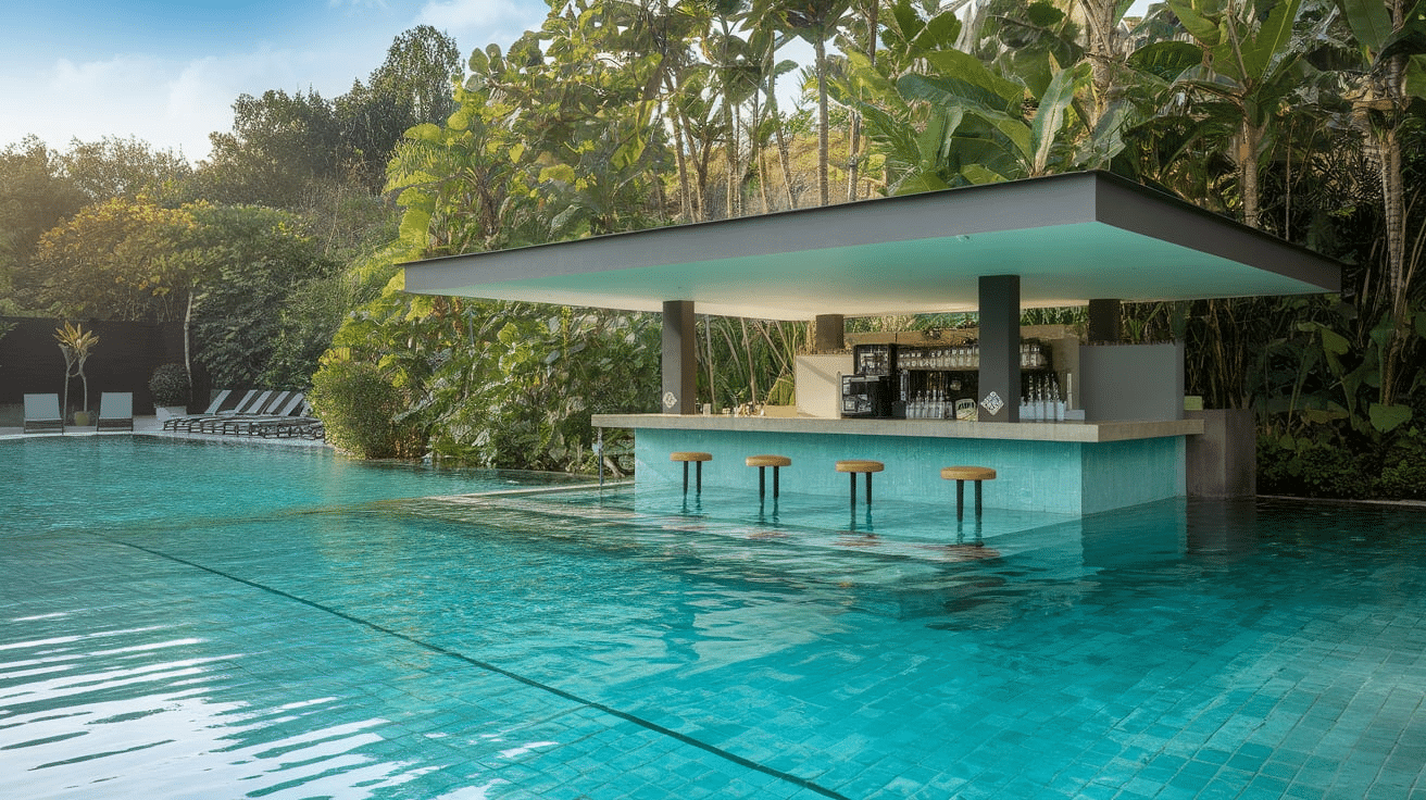 modern pool design with a swim-up bar feature