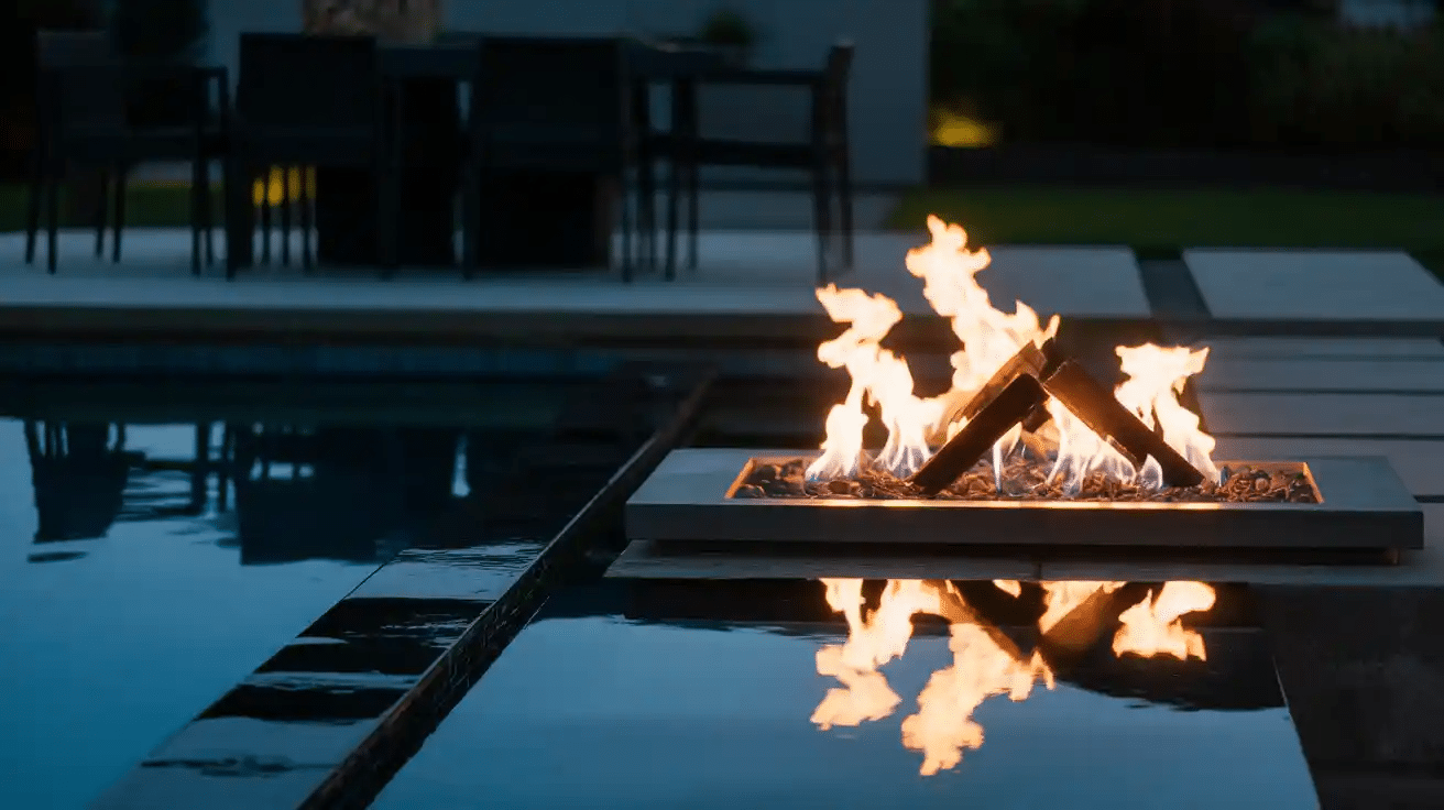 modern pool design with built-in fire feature for ambiance