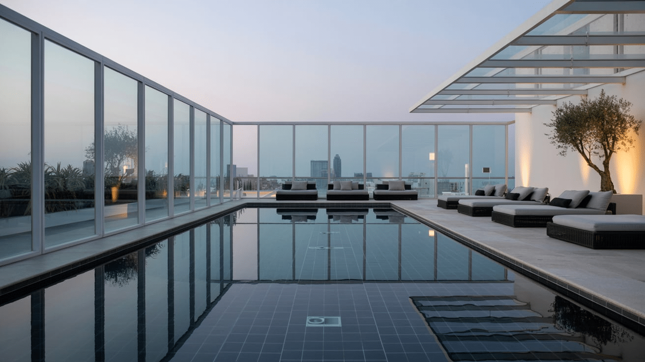 modern pool design with clear glass wall and rooftop view