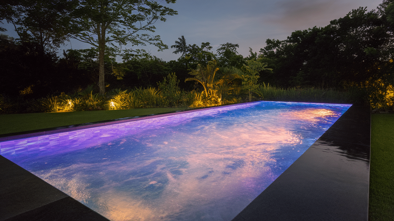modern pool design with nighttime LED lighting effects