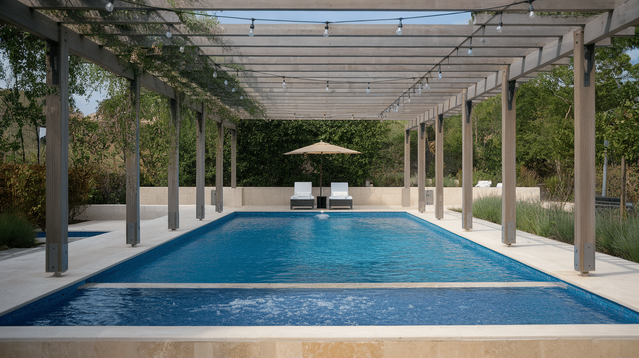 modern pool design with pergola providing shaded comfort