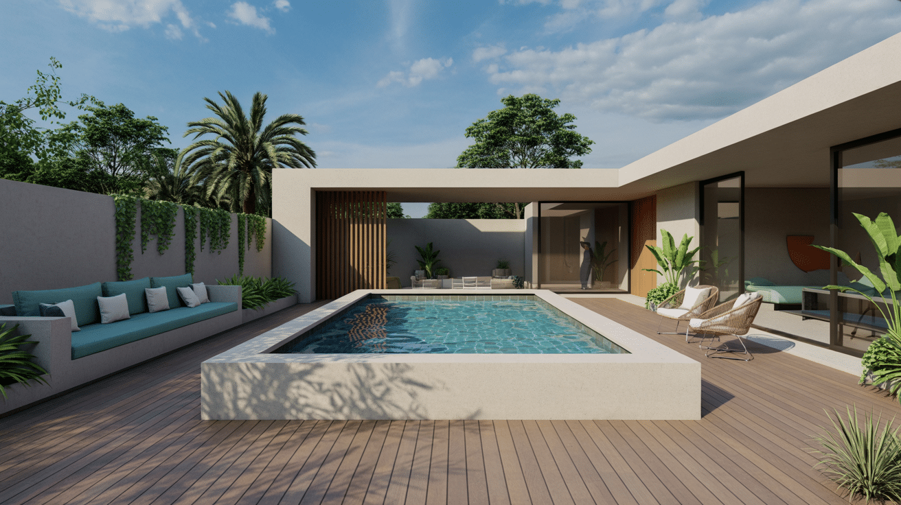 modern pool design with raised deck and sleek shape