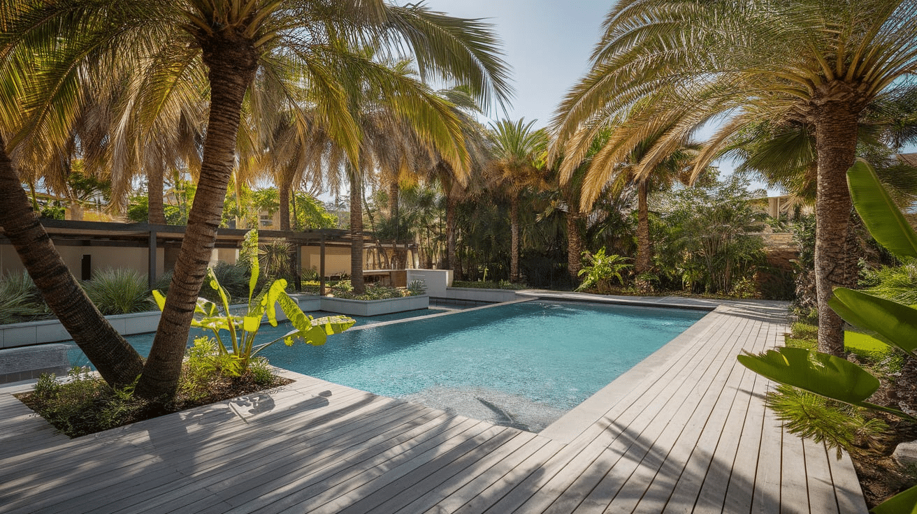 modern pool design with tropical landscaping and vibe