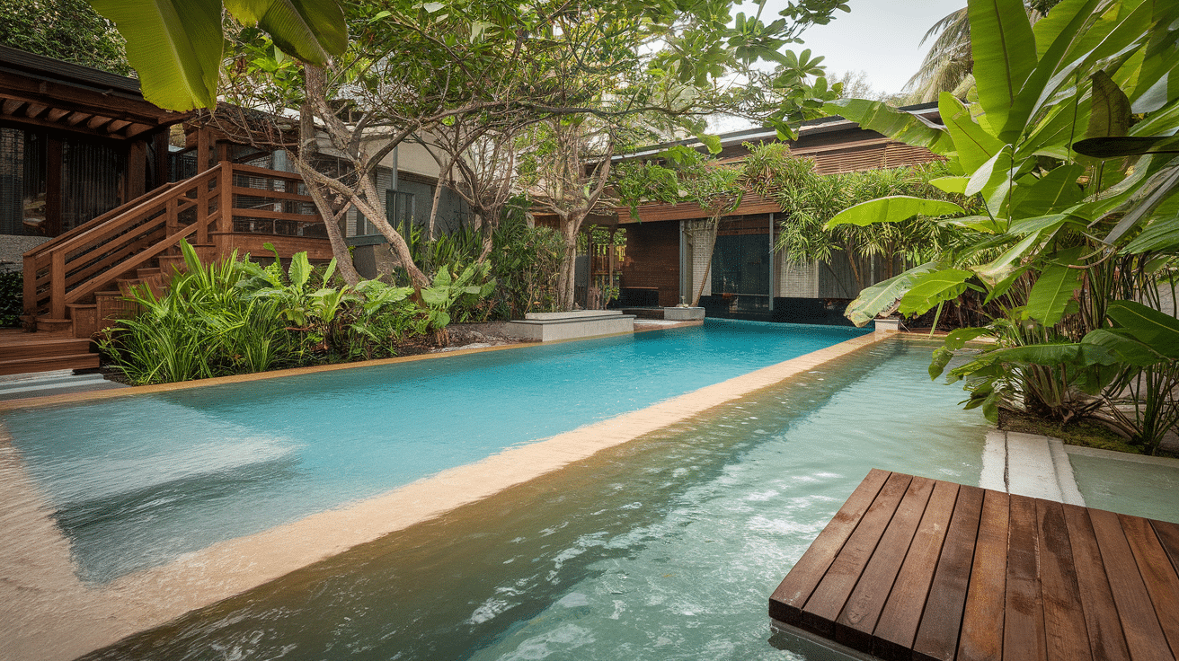 modern pool design with walk-in beach entry style