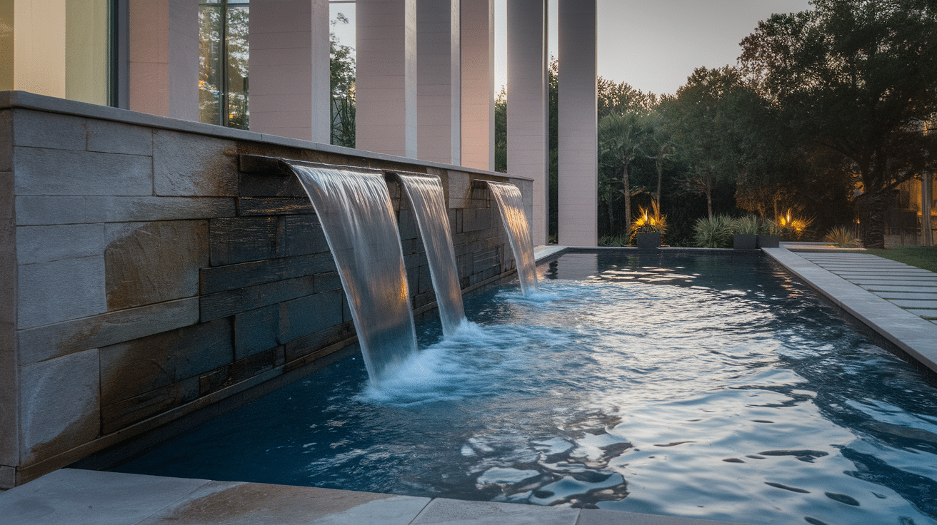 modern pool design with waterfall wall feature