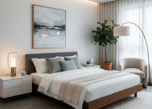 Modern, well-lit bedroom with crisp, clean linen