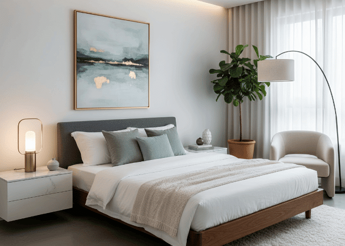 Modern, well-lit bedroom with crisp, clean linen