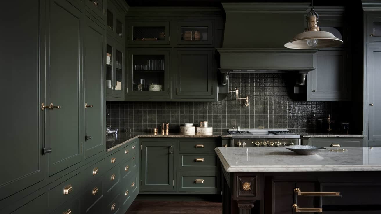 Deep Green Cabinetry with Brass Hardware