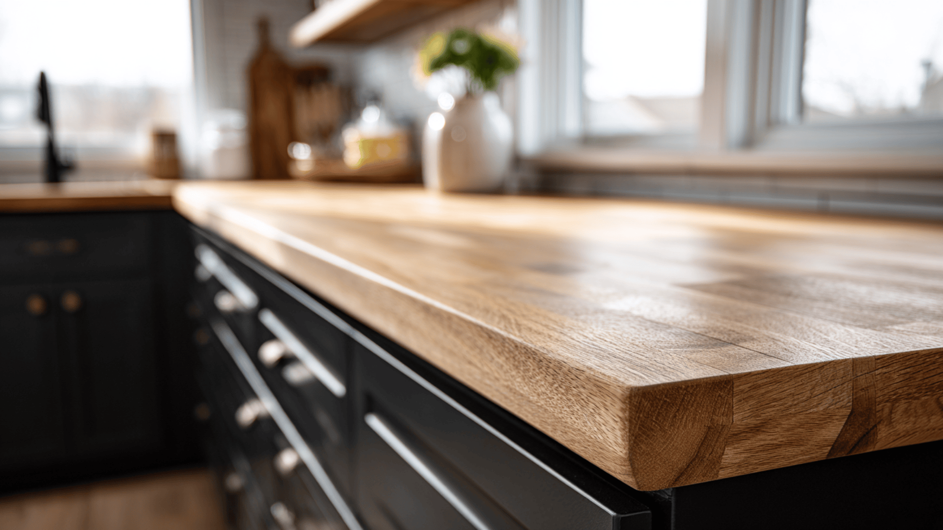 black cabinets with butcher block countertops