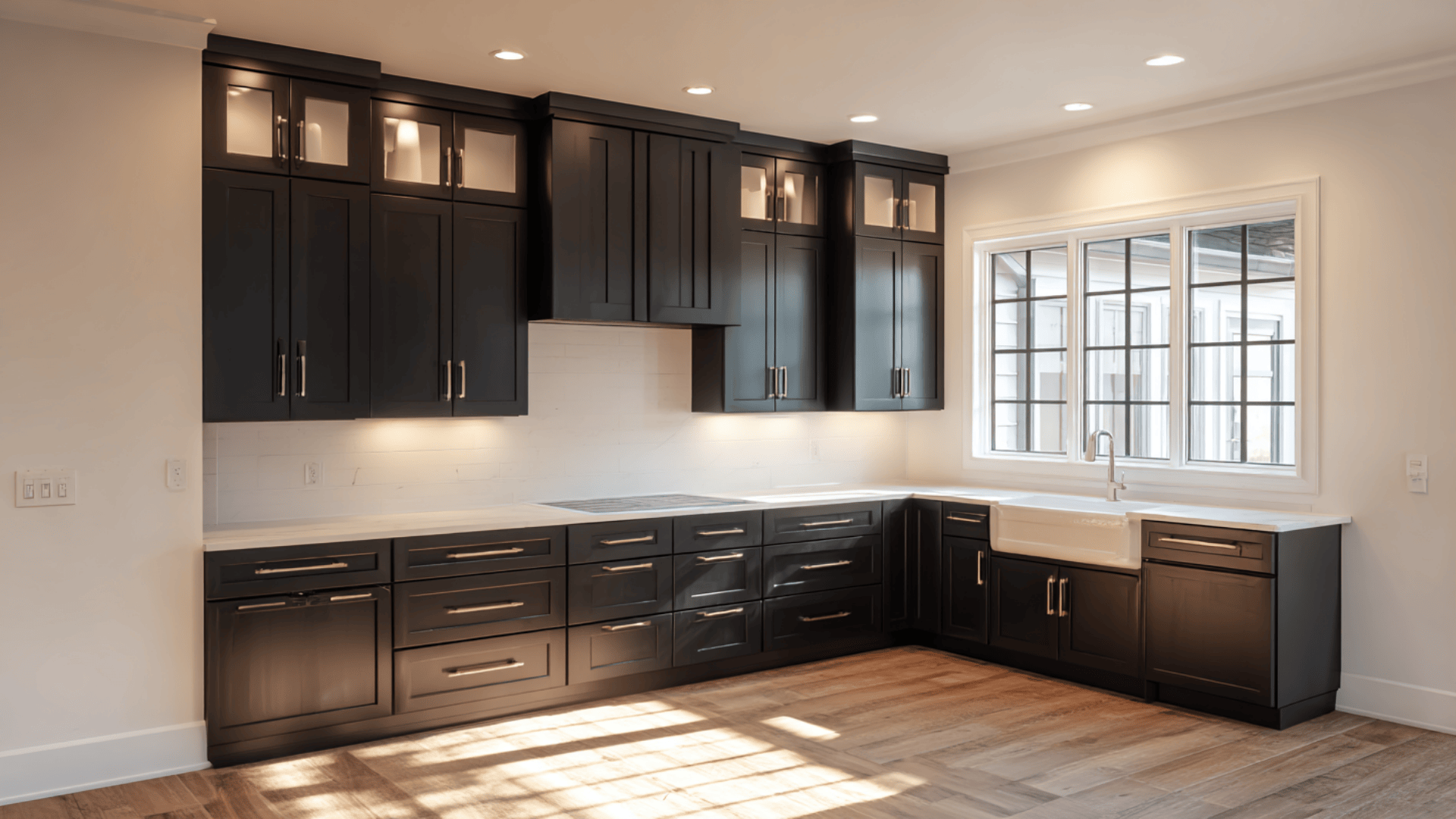 black cabinets with cream or off white walls