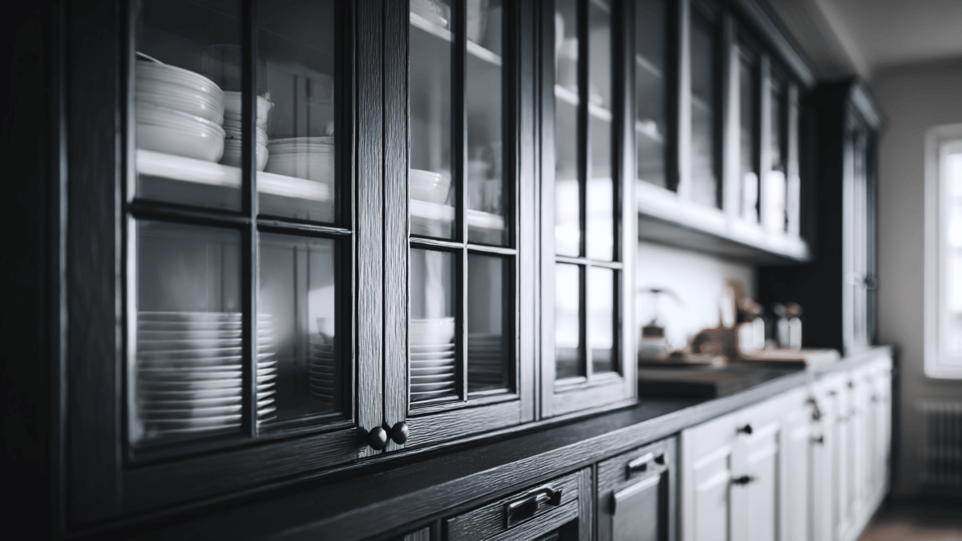 black cabinets with glass front upper cabinets
