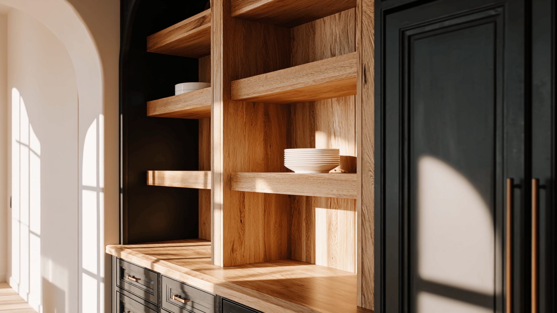 black cabinets with open wood shelving