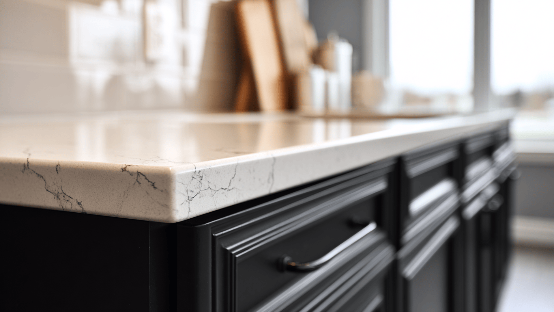 black cabinets with stone countertops