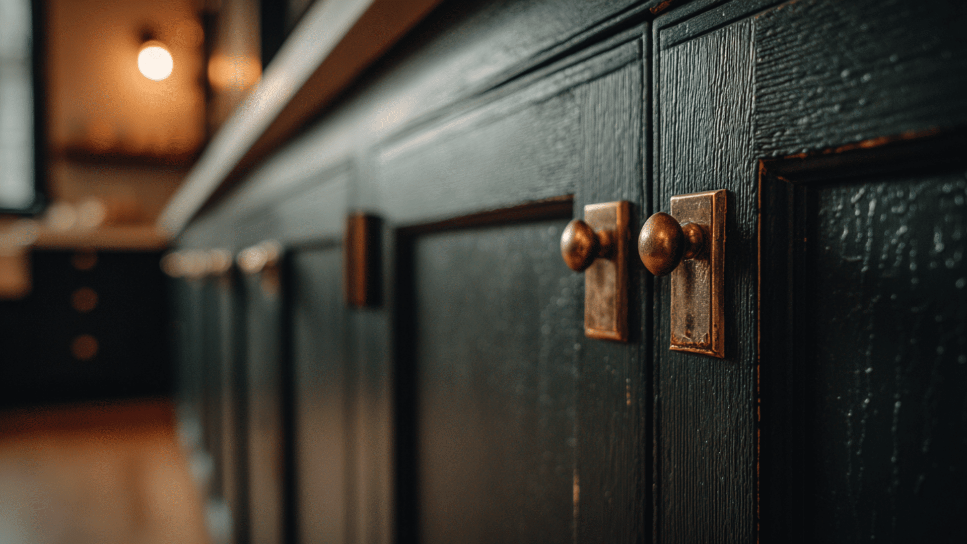 black cabinets with vintage style hardware