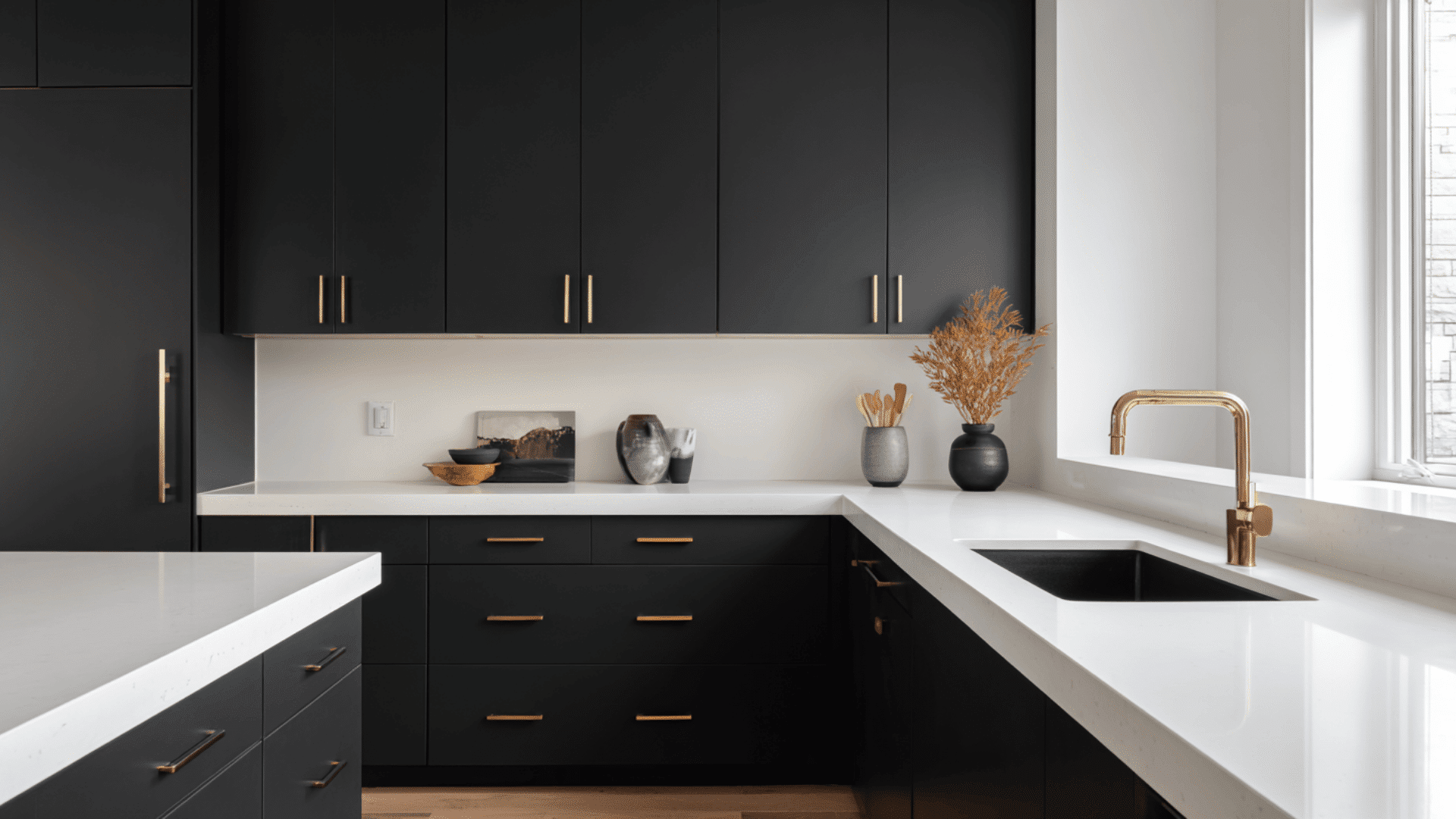black cabinets with white counters