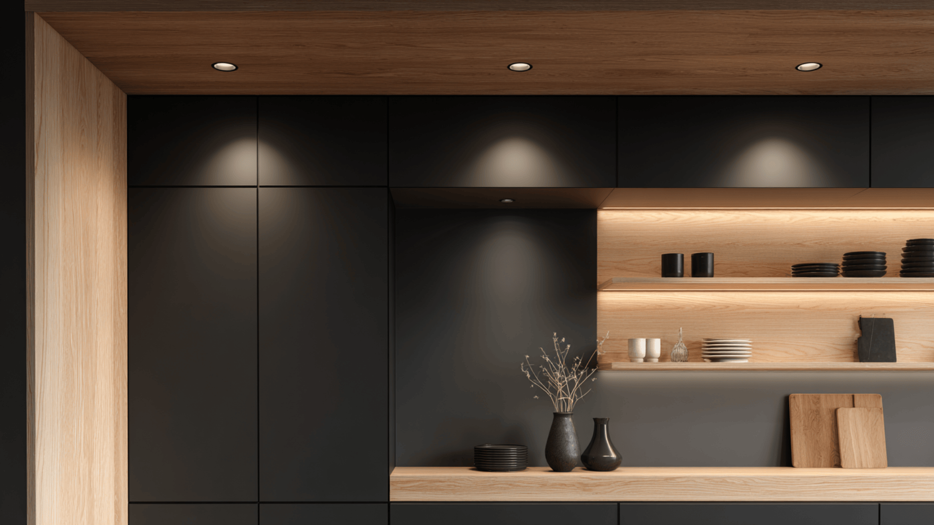 black cabinets with wood detail