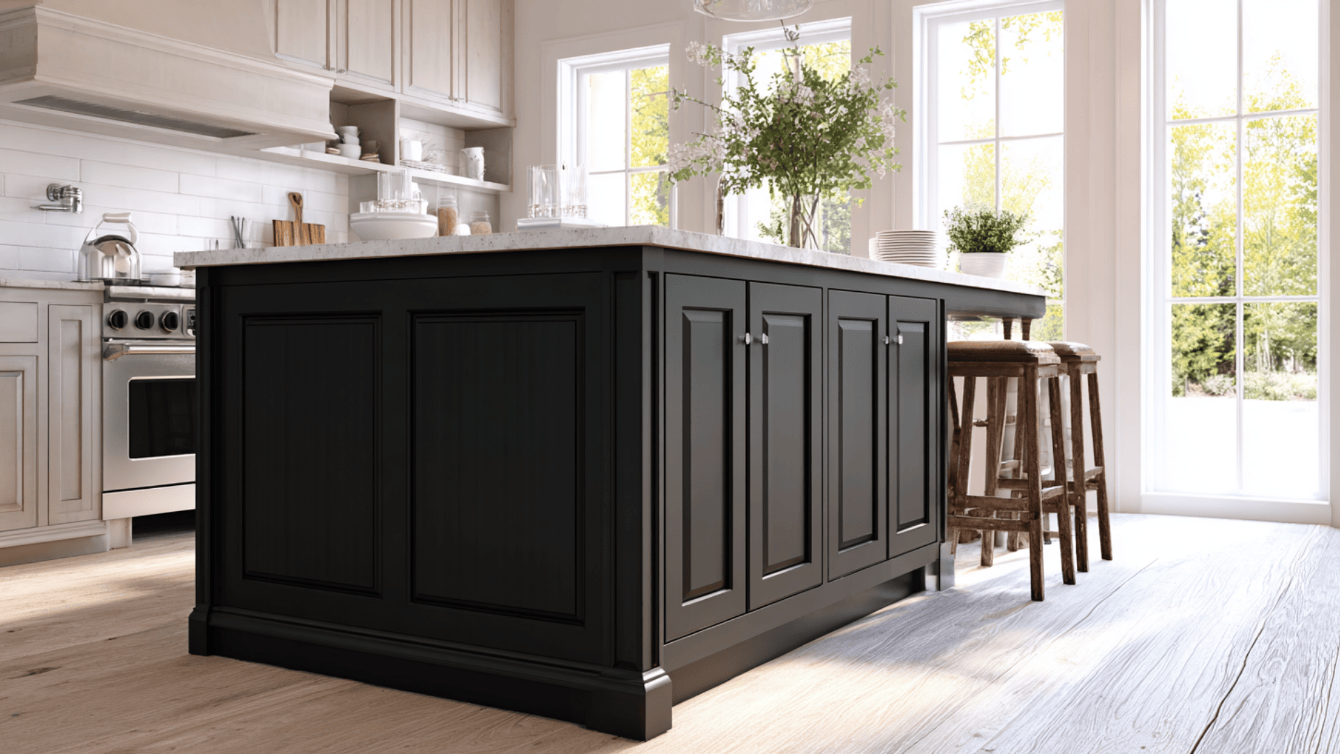 black island cabinets with light perimeter cabinets