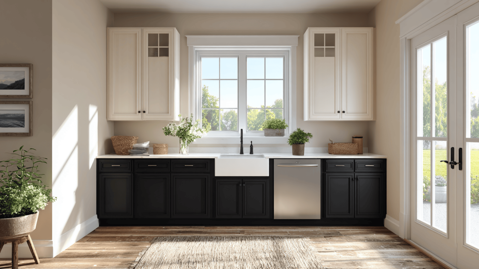 black lower cabinets with white upper cabinets