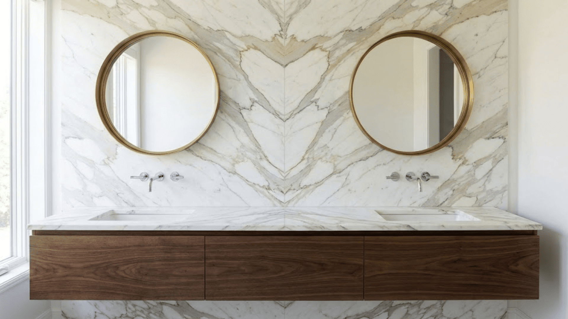 bookmatched marble vanity backsplashes