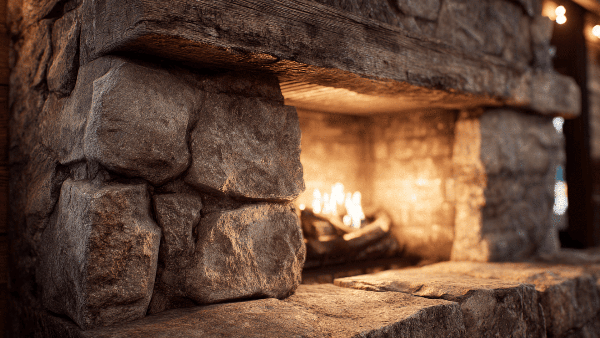 cabin style fireplace built with large textured stone
