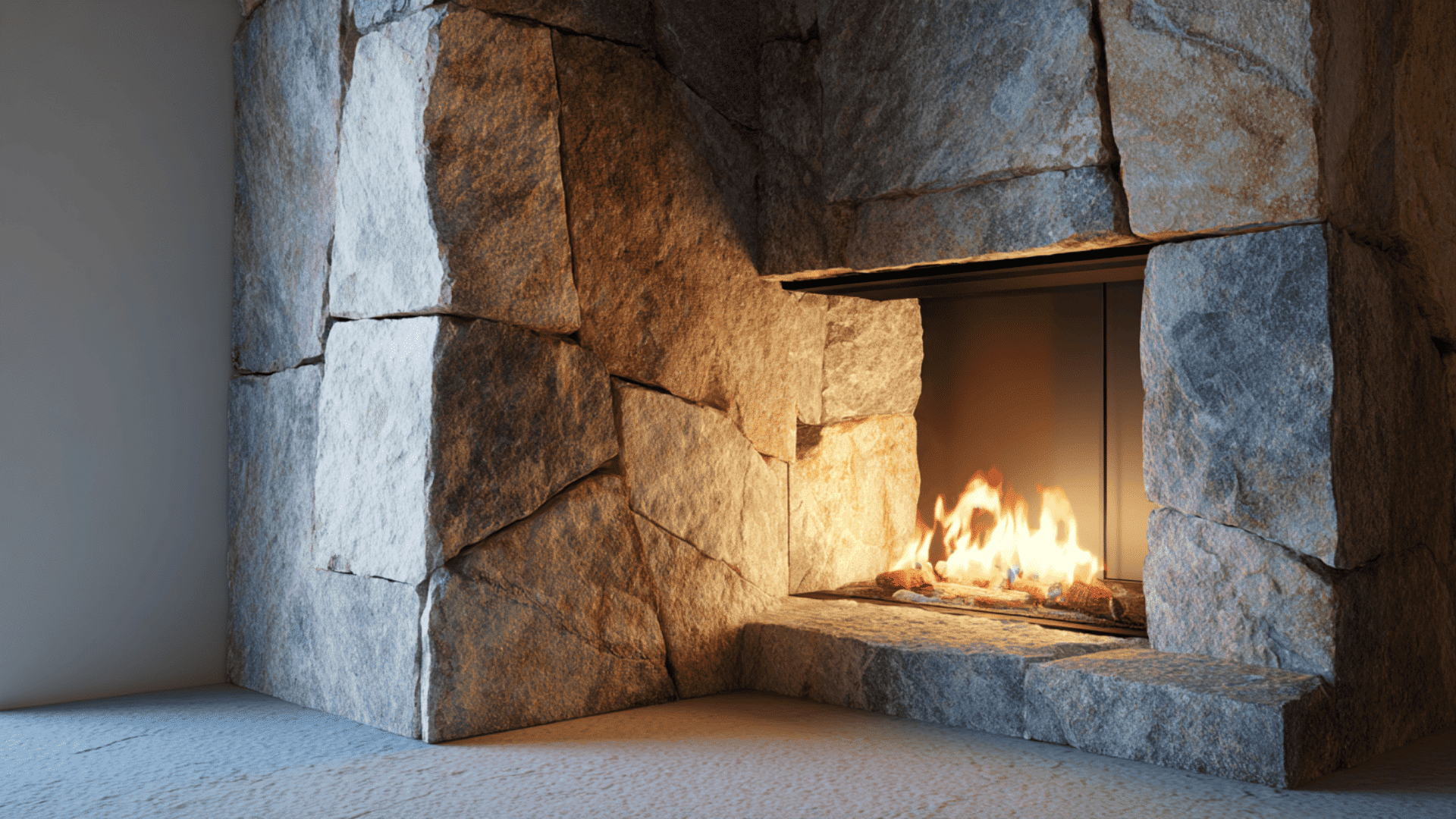 corner stone fireplace to save space in small rooms