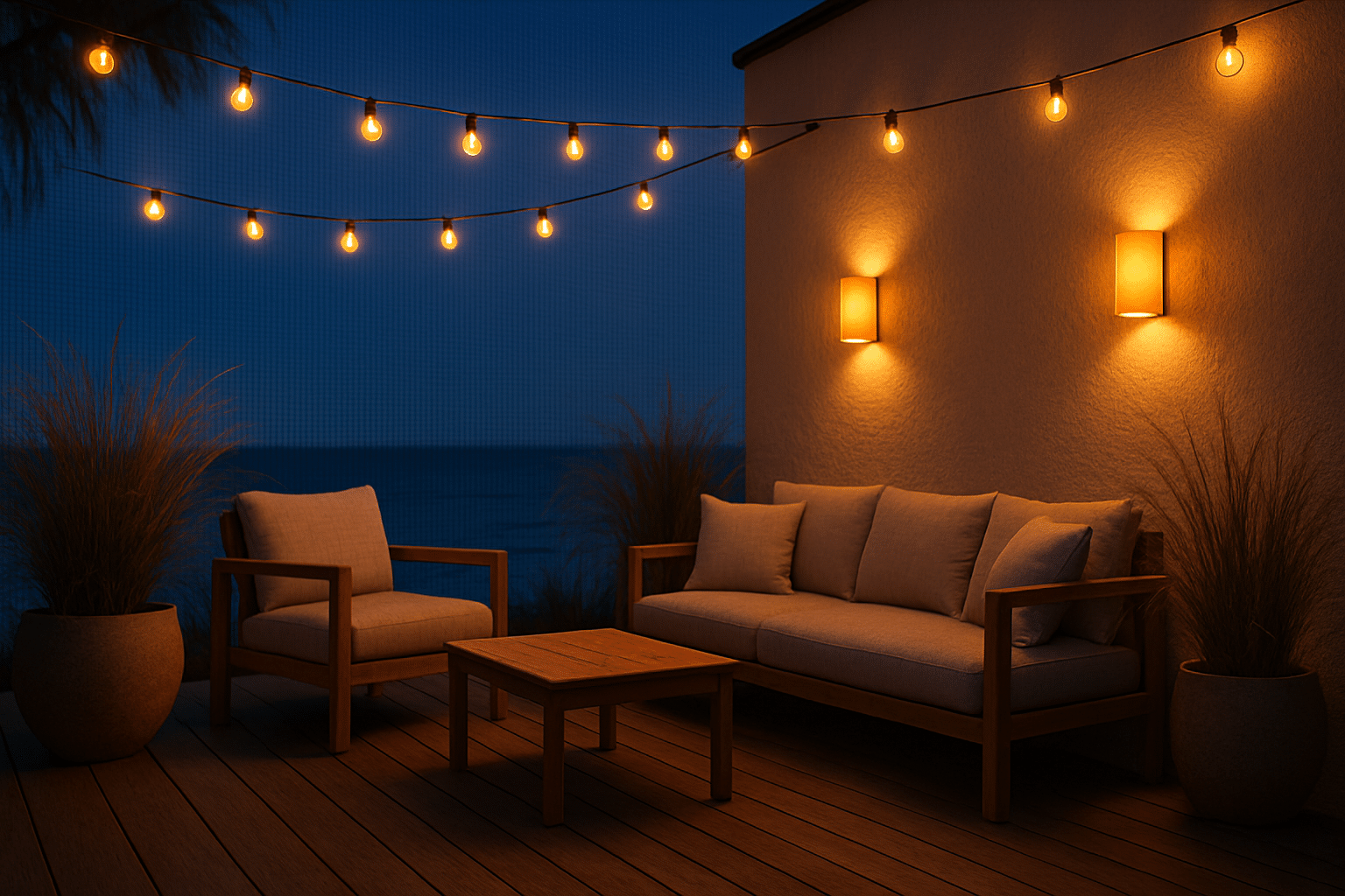 Cozy outdoor patio with warm string lights and ocean view at dusk.